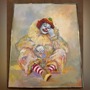 Framed Vintage Oil On Canvas Painting Expressive Circus Clown